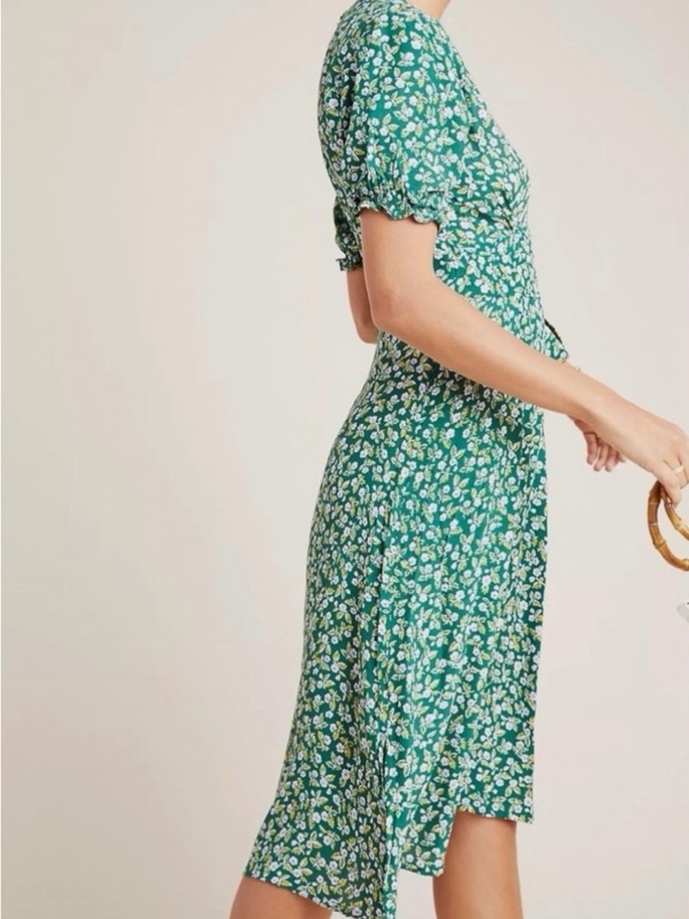 Faithfull The Brand x Anthropologie Green Floral Midi Dress size 8 puff sleeve